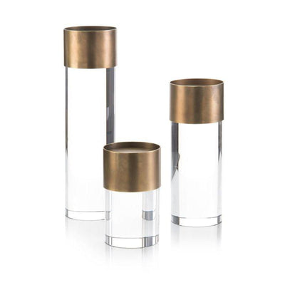John Richard Set Of Three Crystal And Antique Brass Candleholders