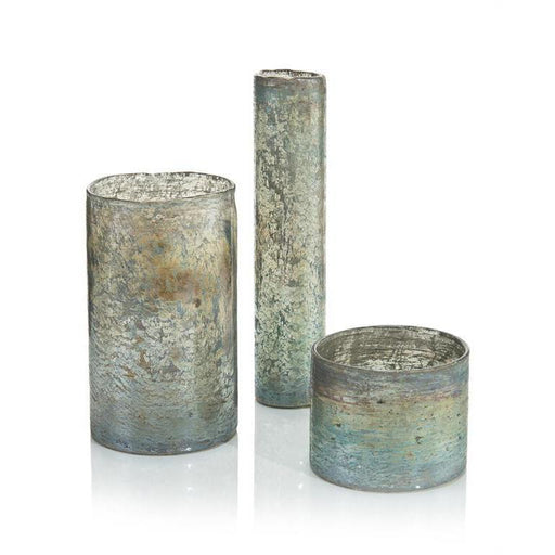 John Richard Set Of Three Foil And Green Cylindrical Vases