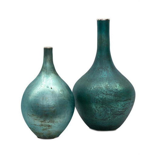 John Richard Set Of Two Peacock Blue Iridescent Vases