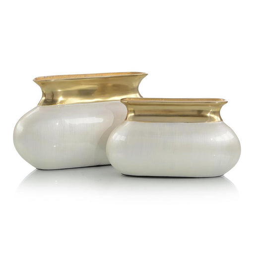 John Richard Set Of Two Champagne White And Gold Aluminum Vases