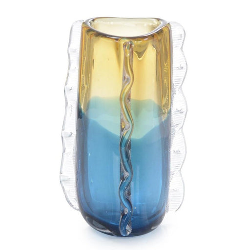 John Richard Blue And Yellow Rippled Handblown Glass Vase Iii