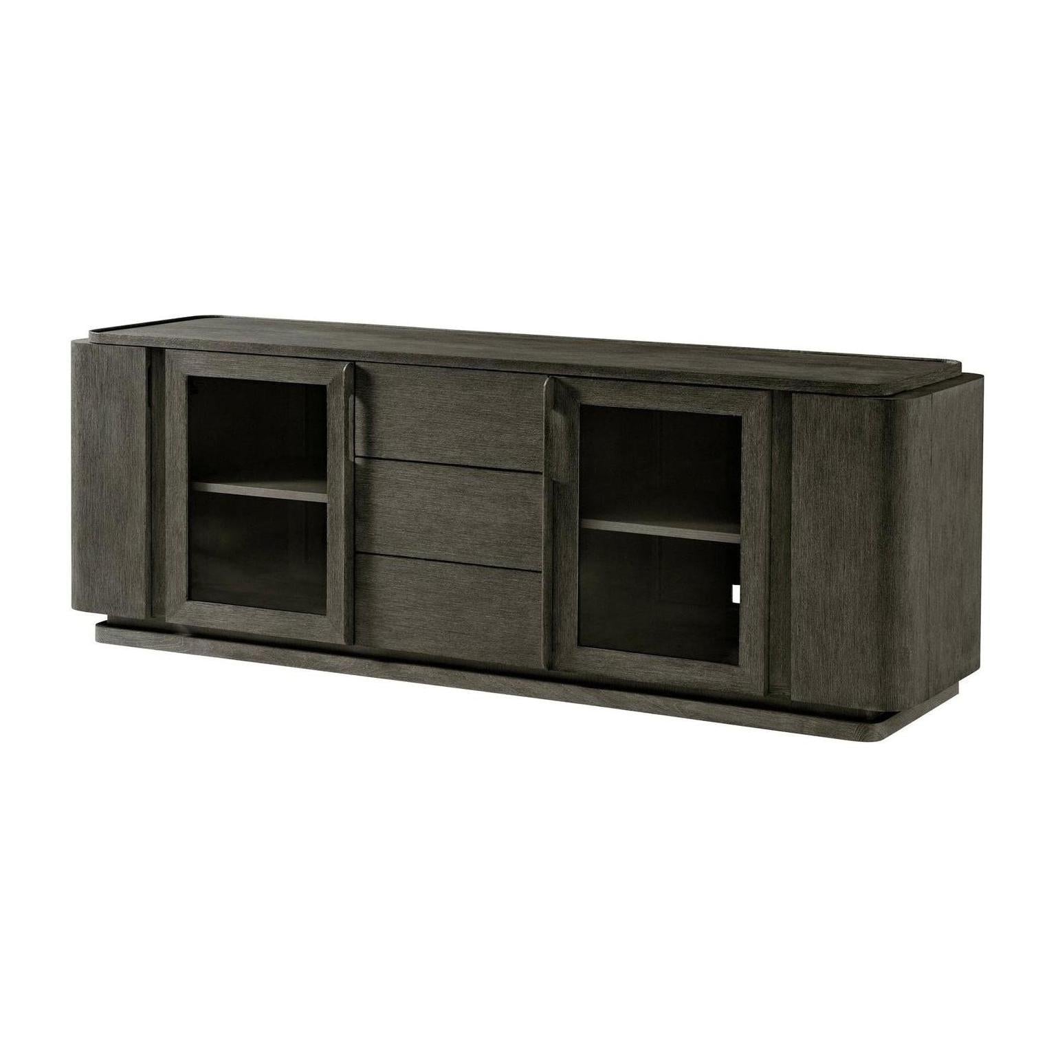 Theodore Alexander Repose Glass Door Media Console With Drawers and Side Storage